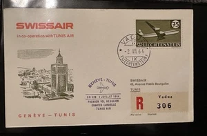 LIECHTENSTEIN 1964 SWISSAIR GENEVE TUNIS REGISTERED First Fight COVER - Picture 1 of 1