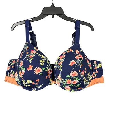 Sujetador Cacique Floral Encaje Boost Plunge Mujer 46DD Azul Marino Naranja Romántico Femenino Foto 1 de 4
