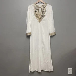 Vintage Damen Elfenbein Kurta mit Handbart & besticktem Ausschnitt/Manschetten groß - Bild 1 von 14