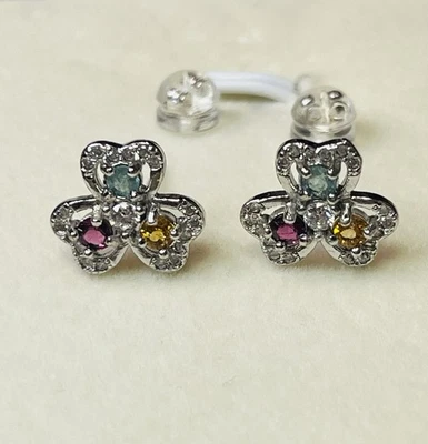 925 Sterling Silver Natural Tourmaline 3 Leaf Clover Blue Pink Stud Earrings - Imagem 1 de 4