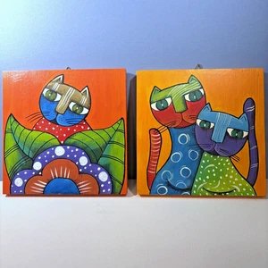 Pair of Cat Paintings on Wood - Artesanias El Yagual Handmade in El Salvador 8" - Picture 1 of 8