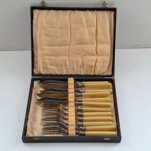 12 x Vintage Stainless Steel Faux Bone Handled Fish Cutlery in Original Box - Picture 1 of 7
