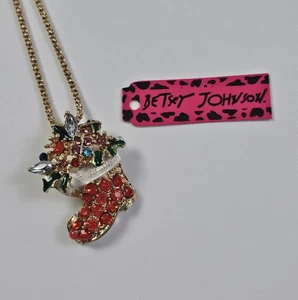 Betsey Johnson Christmas Holiday Rhinestone Santa Stocking Necklace W/Holly - Picture 1 of 4