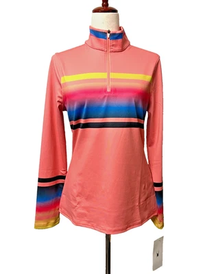 全新带标签 99 美元 SPYDER 女式 M 拉链 T 领衬衫上衣模拟领热带粉色条纹 — 第 1/4 张图片