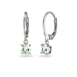 Sterling Silver Green Amethyst 6mm Round Dangle Leverback Earrings - Picture 1 of 8