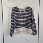 Rewind Blue & White Lace Trim Long Sleeve Lightweight Stretch Cropped Top Size L
