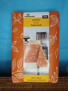 Harvest Peva Tablecloth Orange White Linework Fall Leaves 60"x84" Rectangle - Picture 1 of 4