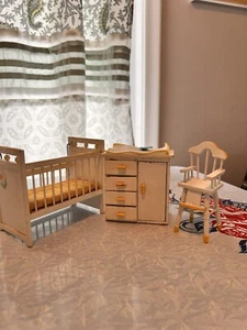 Wood Dollhouse 1:12 Nursery Set 3 Pieces Baby Crib Room Vintage - Picture 1 of 12