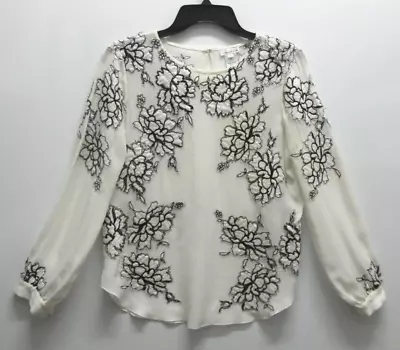 Oscar de la Renta Ivory Embroidered Black Floral 100% Silk Blouse Size 2 - Image 1 of 4