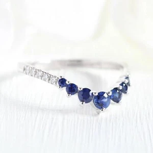 1/2Ct Blue Sapphire & White Round Cut CZ Wedding Band Ring 925 Sterling Silver - Picture 1 of 5