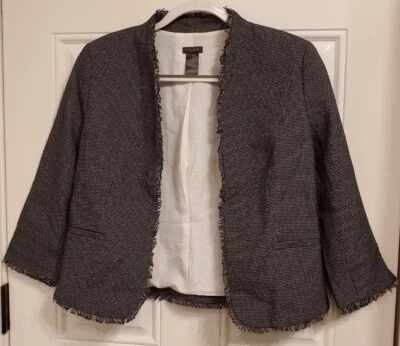 ANN TAYLOR Tweed Fringe Blazer Jacket Open Front Black White Check - Size 8 - Image 1 of 4