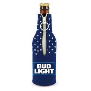BUD LIGHT BEER BOTTLE SUIT KOOZIE (1) COOLER COOLIE USA STARS ZIP NEOPRENE NEW - Picture 1 of 1