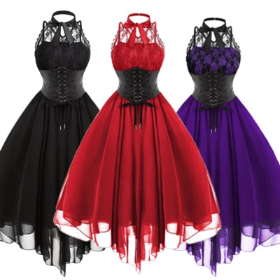 Victorian Cross Back Lace Gothic Womens Lace Dress Steampunk Halter Corset Dress - Image 1 of 4
