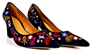 GUNMETAL Pearl2 Women's Black Embroidered Floral Pumps Shoes Leather Size 7.5 EU - Picture 1 of 11