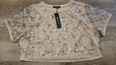 ALLEGRA K Sequin Cropped Top Womens XL Beige Peach Short Sleeve Stretch  - Image 1 of 2