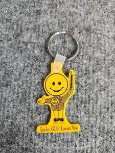 Schlüsselanhänger Gummi Lächeln Gott liebt dich Herr Lächeln gelb religiös Promo Vintage - Bild 1 von 4