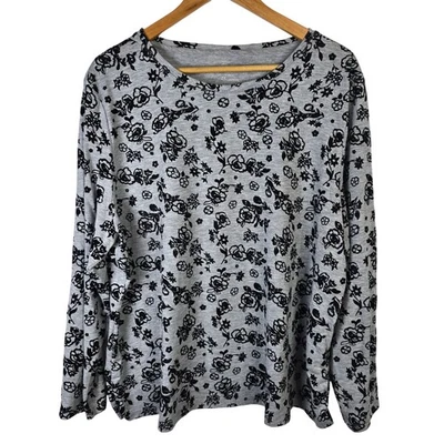T by Talbots 2X Gray Floral Long Sleeve Top Flocking Flowers Women's Velvet - Image 1 of 4