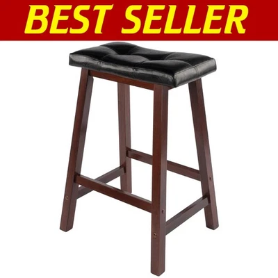 Stylish 24” Transitional Walnut Stool with Comfortable Black Faux Leather Seat - Image 1 of 4