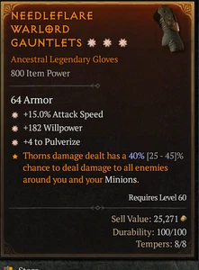 Gloves 3GA +3 Pulverize Speed Willpower Druid Season 10 SC D4 PS5 Xbox - Picture 1 of 1