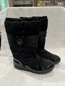COACH DREXEL BOOTS SZ 8.5 BLack PATENT LEATHER & FABRIC SIGNATURE SIDE ZIP - Picture 1 of 10