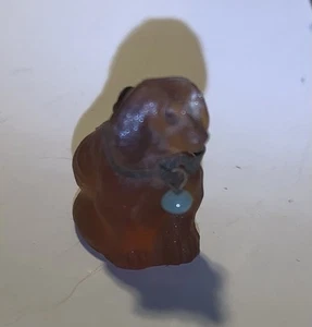 1930s Antique Czech Amber Glass Dog Cracker Jack Charm w Collar & Blue Bead Pup - Picture 1 of 8