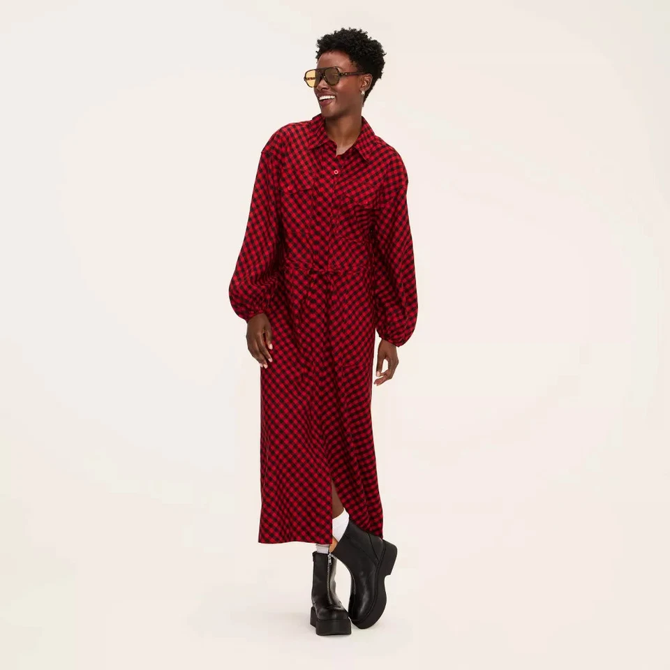 Women's Buffalo Check Long Sleeve Utility Midi Shirt Dress - Woolrich Red/Black - Image 1 of 1