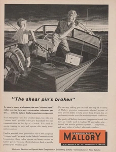 1959 Mallory Steel -Father Son Fishing Boat Breakdown Radio S.O.S. -Print Ad Art - Picture 1 of 1