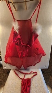 Red Velour & White Feathers Intimate 2 piece Set Size M Ladies - Picture 1 of 6
