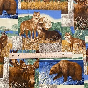 2 YD Northwoods Moose Bear Block Fabric Quilting Cotton Print - Picture 1 of 7