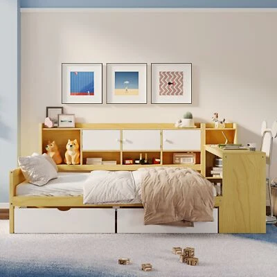 Full Size L-Shape Daybed with Storage Cabinets / Drawers/ Desk/Bookshelf Natural - Image 1 of 4