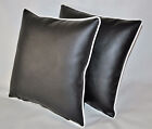 2 Black Faux Leather And Filler Pads Cushions White Piped 16 18 20