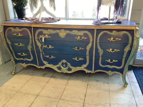Vintage Bombay Triple Dresser Bohemian Eclectic Blue Gold Accents Layered Shades Cover