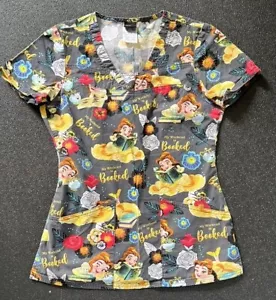 Disney Tooniform My Weekend Is Booked 2-Pocket V-Neck Scrub Top Belle - Picture 1 of 8