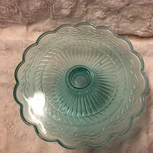 Vintage Pedestal Cake Stand Aqua Green With Scalloped Edges 7 3/4” - Picture 1 of 12