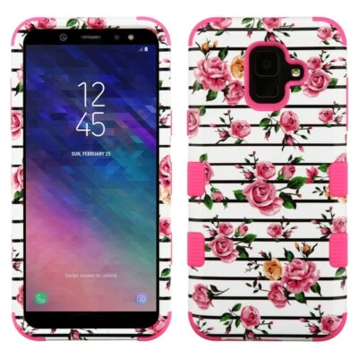 For Samsung Galaxy A6 (2018) - Hybrid Shockproof Case Pink Stripe Flower Roses - Image 1 of 4