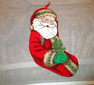 Vintage Needlepoint Christmas Stocking Handmade Finished Cross Stitch Santa 16" - Picture 1 of 8