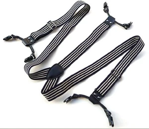Black White Striped Men's Adjustable Six Clips Clip-on Suspenders Braces BDXJ302 - Picture 1 of 3