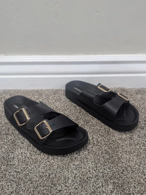 Sandalias para mujer London Rebel con plantilla de doble hebilla negras sin cordones talla 7,5 Foto 1 de 4
