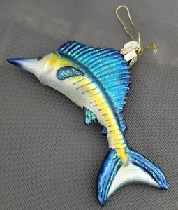 Vecchio Mondo Decorazione Natalizia Vetro Soffiato, Pesce Vela Oceano Blu Scintillante - Foto 1 di 5