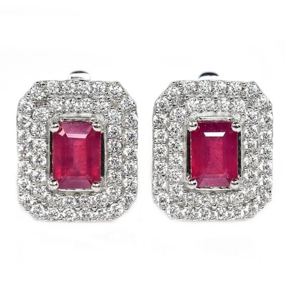 925 STERLING SILVER  PINK RED RUBY OCTAGON GEMSTONE & WHITE CZ  DROP EARRING - Image 1 of 4