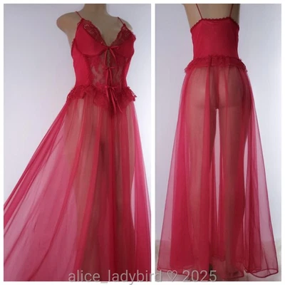 Vintage SHEER Bustier GOWN Long CHIFFON Sweep LACE Lingerie Dress Tall ~M 36-38 - Image 1 of 4