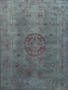 Geometric GREEN Khotan Vegetable Dye Hand-knotted Oriental Area Rug 8x10 Carpet - Picture 1 of 12