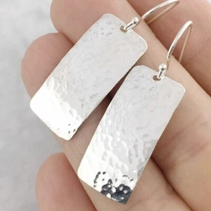 Hammered Silver Rectangle Dangle Earring Statement Fashion Earrings for Her mt24 - Picture 1 of 8