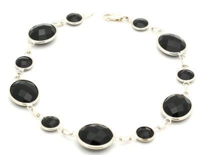 Brazalete de ónix negro con forma redonda y ovalada de corte elegante de oro blanco de 14K de 8 pulgadas Foto 1 de 2