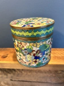 Chinese Cloisonné Tin w Brass Accents Lidded Approx 3.25" Vintage - Picture 1 of 11