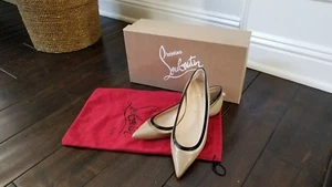 New CHRISTIAN LOUBOUTIN Paulina Patent Beige NUDE Black Flats SHOES 35.5 - Picture 1 of 8