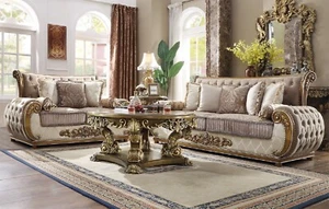 Classic Brown Sofa Loveseat Tufted Fabric Upholstery Carved Wood Traditional Set - Picture 1 of 13