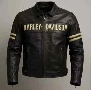 Harley Davidson Men's Black Motorcycle Jacket Real Cowhide Leather Biker Jacket - Picture 1 of 3