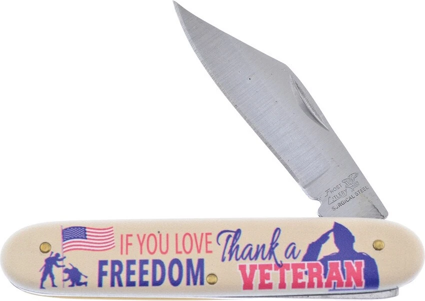 Frost Cutlery Thank a Vet Folder Pocket Knife Stainless Blade Ivo.ry Pom Handle