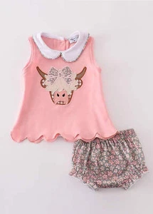Girl's Boutique Pink Highland Cow Applique Embroidered Embroidery Bloomer Set Ou - Picture 1 of 8